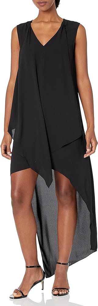 BCBGMAXAZRIA Women's Relaxed Fit and Flare V Neck High Low Asymmetrical Hem Dress