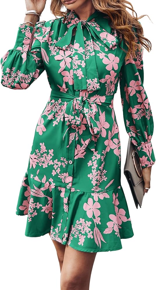 MakeMeChic Women's Floral Long Sleeve Tie Neck Button Front Ruffle Hem Short Dress with Belt