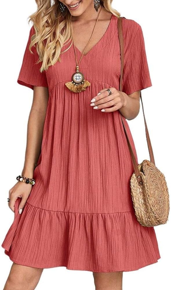 Summer V Neck Dress for Women 2024 Casual Short Sleeve Swing Midi Sundress Tiered A-Line Flowy Tunic Beach Dresses