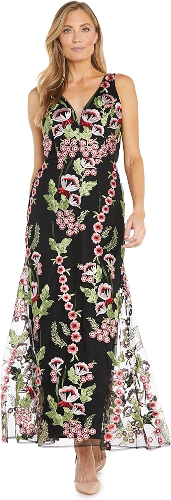 Long Sleeveless Floral Embroidered Trumpet Dress