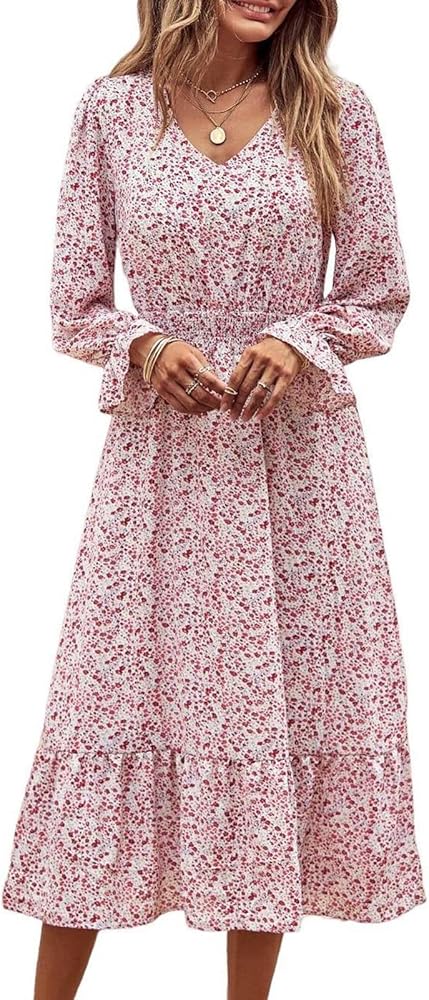 PRETTYGARDEN Women's Casual Long Sleeve Midi Fall Dress Boho Pleated V Neck Ruffled Vintage Floral Print Flowy Long Dresses