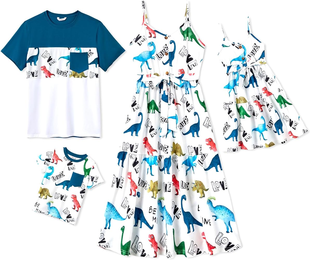 PATPAT Matching Family Outfits Mommy and Me Dresses Hawaiian Vacation Spaghetti Strap Dress and T-Shirts Set