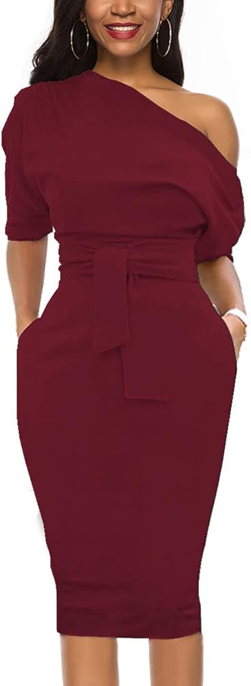 Elegant Womens Wear to Work Casual one shoulder Belted Pencil Dress with Pockets