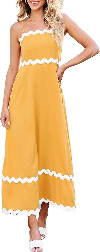 ECOWISH Women Summer Dresses 2024 Spaghetti Strap Rickrack Sleeveless Long Casual Backless Beach A-Line Maxi Sundress