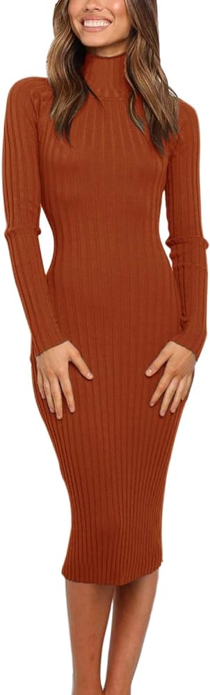 MEROKEETY Women's 2024 Ribbed Long Sleeve Sweater Dress High Neck Slim Fit Knitted Midi Dress