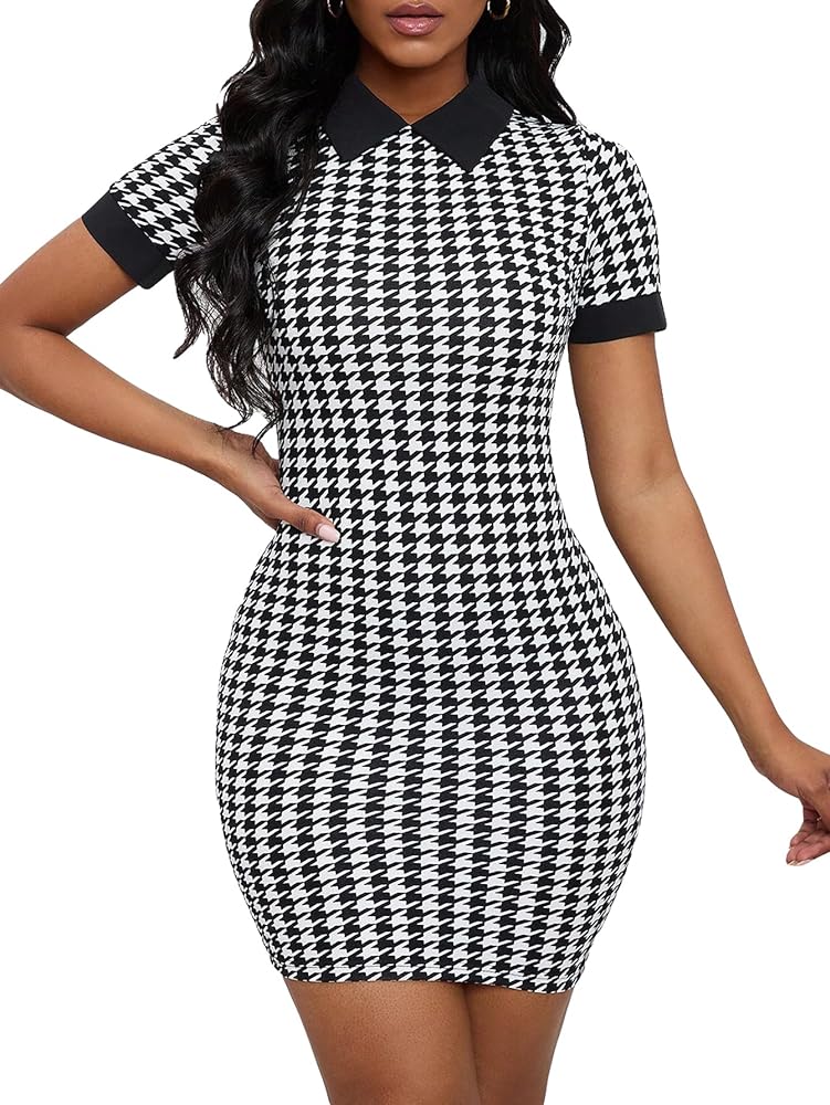 Floerns Women's Houndstooth Print Contrast Collar Short SLeeve Bodycon Mini Dress