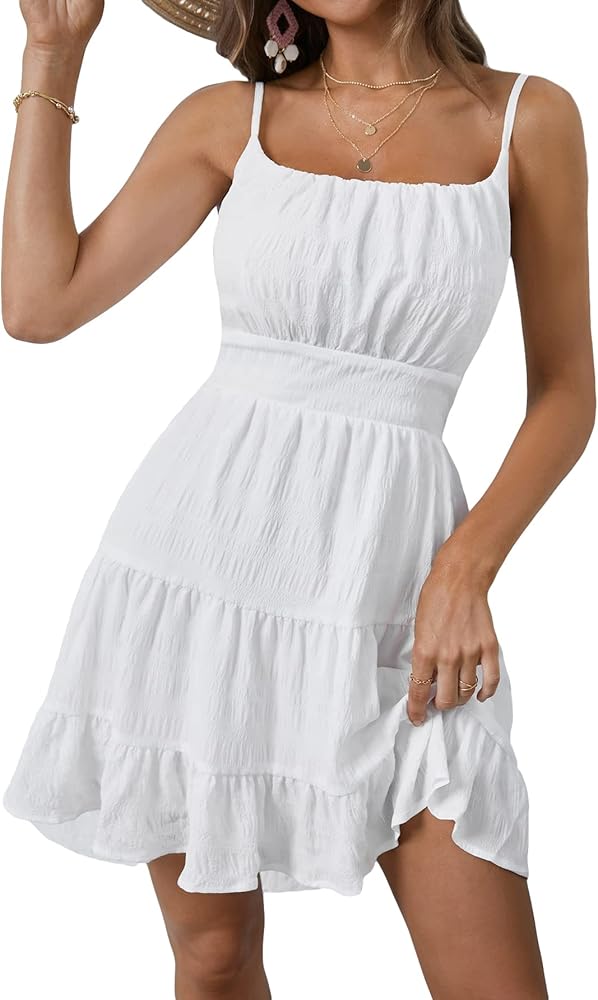 WDIRARA Women's Summer Textured Ruched Shirred Ruffle Hem A Line Dress High Waist Short Cami Dress Pure White Solid L