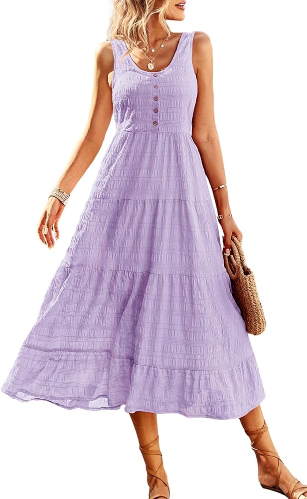 Women's Casual Summer Dress Loose Sleeveless Tank Dresses Smocked Tiered Flowy Midi Sundress with Pockets