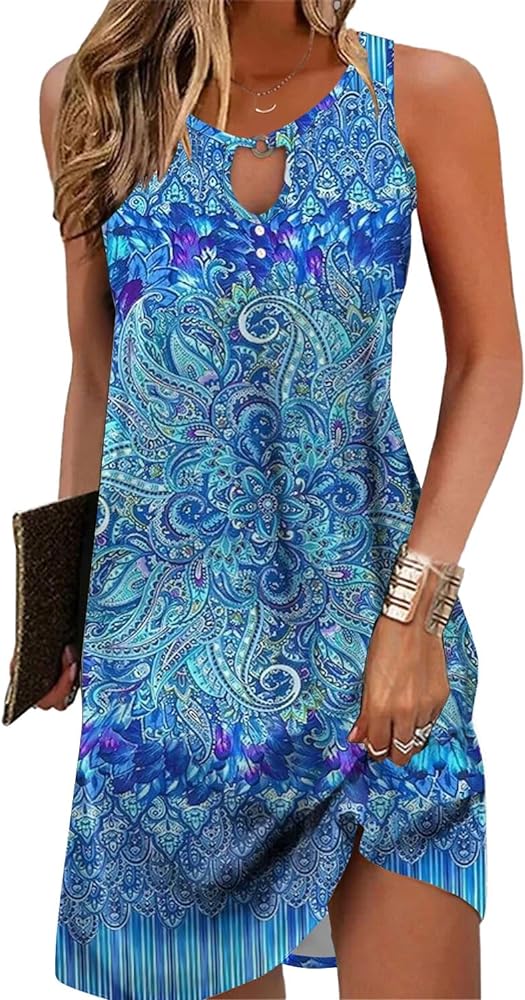 Floral Printed Summer A-Line Dresses Womens Boho Beach Sundress Vacation Casual Loose Sleeveless Dress