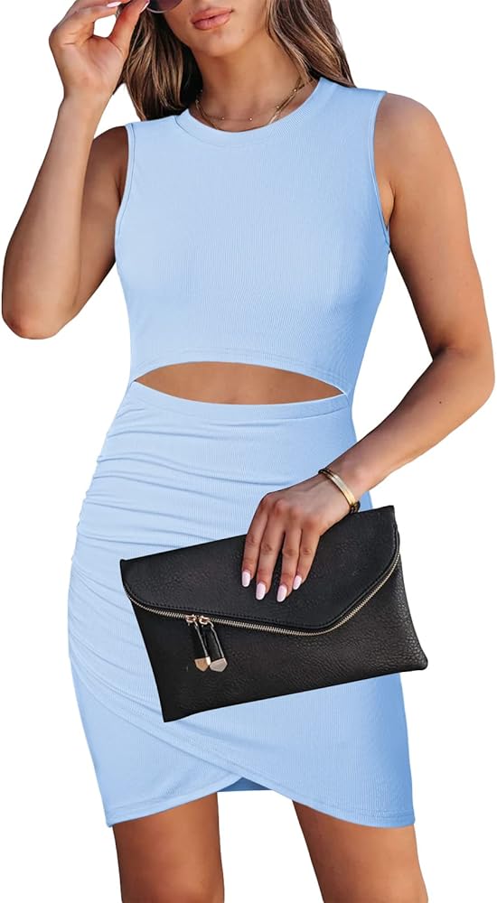 HUUSA Women's Crewneck Sleeveless Cutout Bodycon Mini Dress Casual Summer Slim Fit Cocktail Party Wrap Short Dresses Outfits