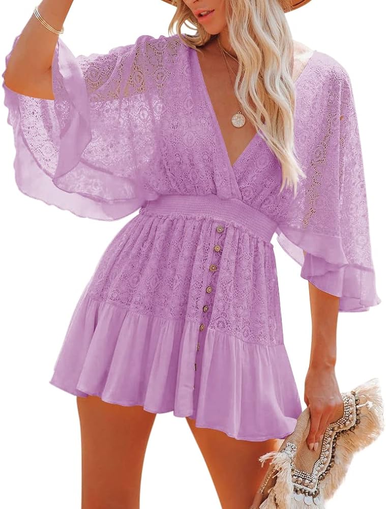 Fixmatti Lace V Neck Mini Dresses Batwing Sleeve Backless Crochet Ruffle Mini Dresses