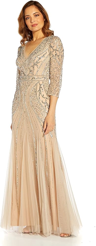 Adrianna Papell Women's Beaded Mesh Godet Gown