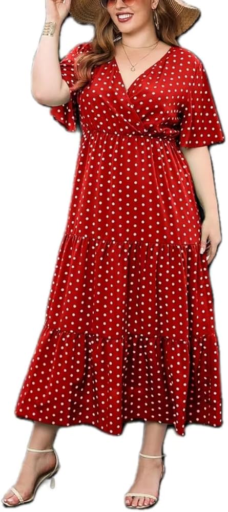 Women's Plus Size Polka Dot Dress Casual V Neck Short Sleeve Maxi Dress A-Line Pleated Hem Swing Midi Sun Dress