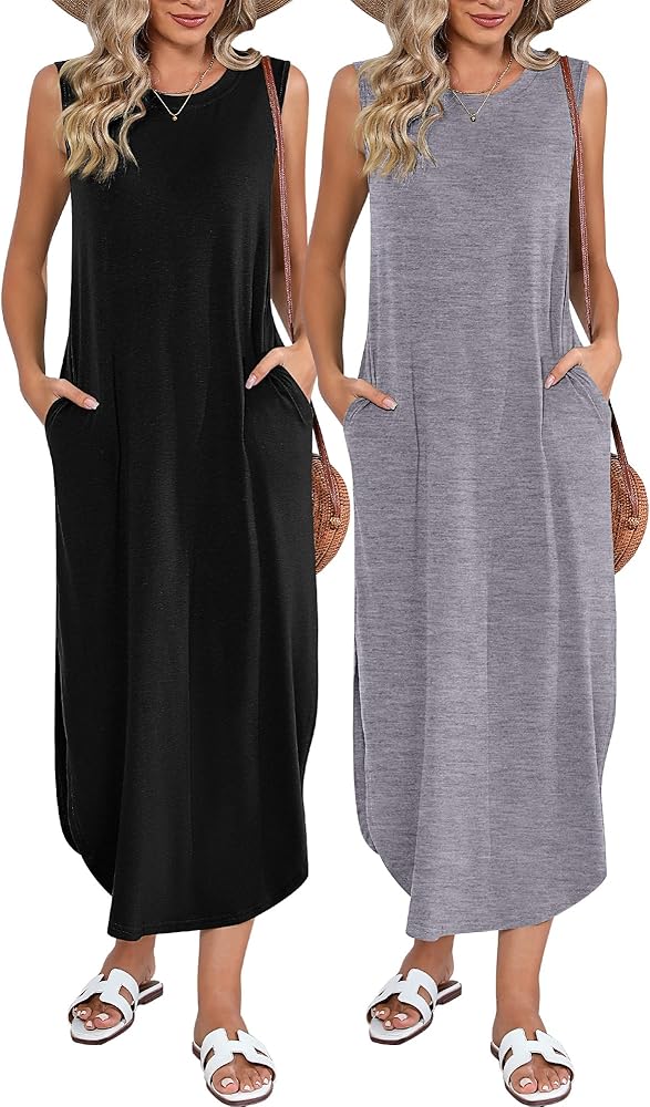 2 Pcs Women's Maxi Dress Sleeveless Sundress Women Long Dress Split Maxi Dresses Womens Beach Maxi Dress with Pockets