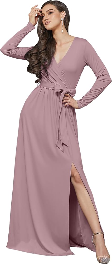 KOH KOH Womens Long Sleeve V-Neck High Slit Cocktail Evening Gown Maxi Dress