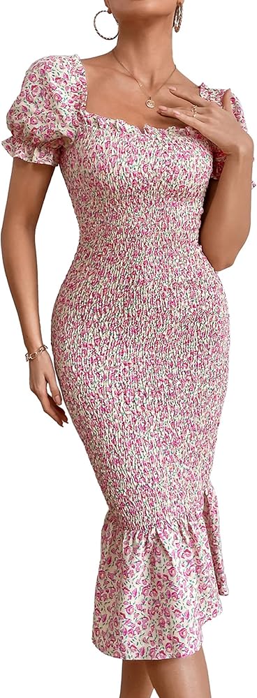 PRETTYGARDEN Women's Summer Floral Midi Bodycon Dresses Short Puff Sleeve Square Neck Ruffle Hem Mermaid Cocktail Dress