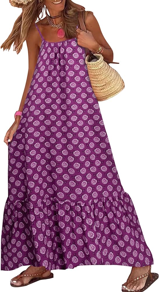 miduo Womens Summer Bohemian Pattern Spaghetti Straps Sleeveless Casual Maxi Long Dresses