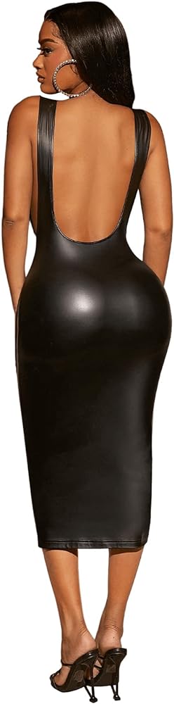 Verdusa Women's Open Back Sleeveless PU Leather Long Bodycon Club Dress