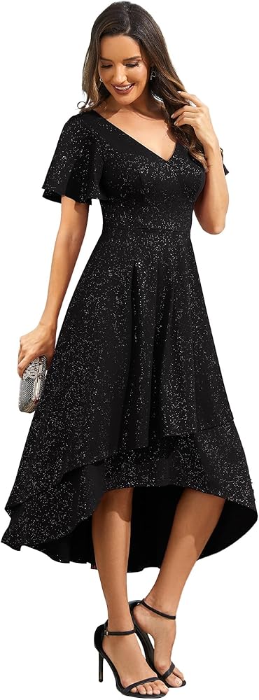 Ever-Pretty Women's Summer Dress V Neck Backless Short Sleeves High Low Glitter Midi Semi Formal Dresses 71926