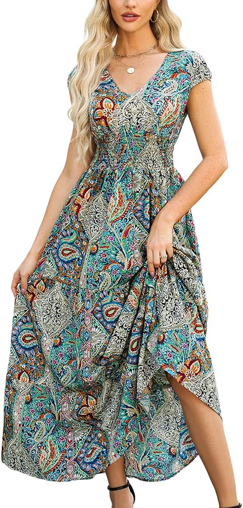 CUPSHE Women's Boho Paisley Maxi Dress V Neck Cap Sleeve Smocked Ruffled A Line Long Summer Dresses