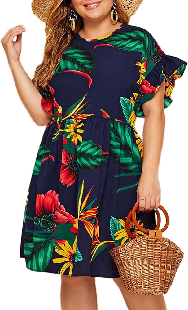 Milumia Women's Plus Size Tropical Leaf Print Ruffle Sleeve Pleated Short Dress