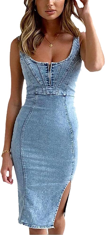 Womens Strap Denim Bodycon Dress Scoop Neck Zip Up Split Jean Midi Dress