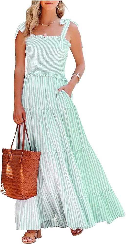 R.Vivimos Women's Summer Cotton Adjustable Straps Boho Stripe Casual Flowy A Line Midi Dress with Pockets