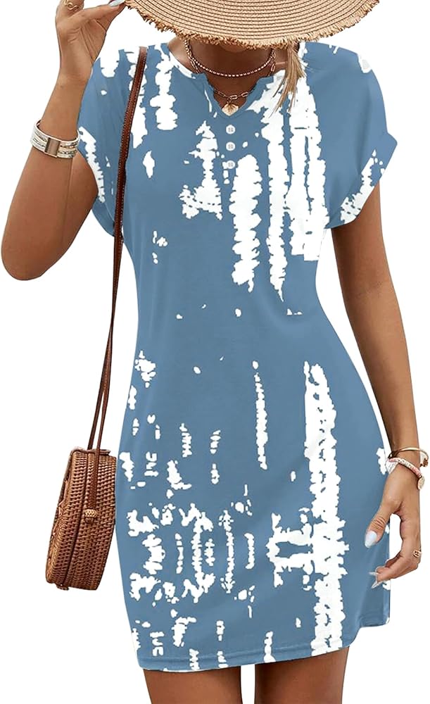 SAUKOLE Women’s 2024 Summer Casual V Neck Short Sleeve Dresses Slim Fit T Shirt Short Mini Dress with Buttons