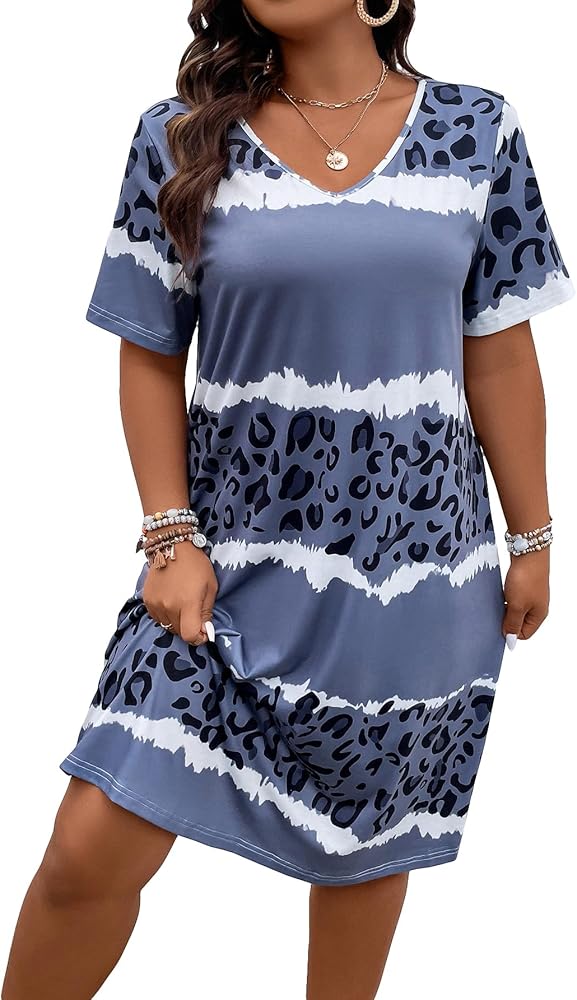 SOLY HUX Women's Plus Size Leopard Print V Neck Short Sleeve T Shirt Dress Summer Short Dresses