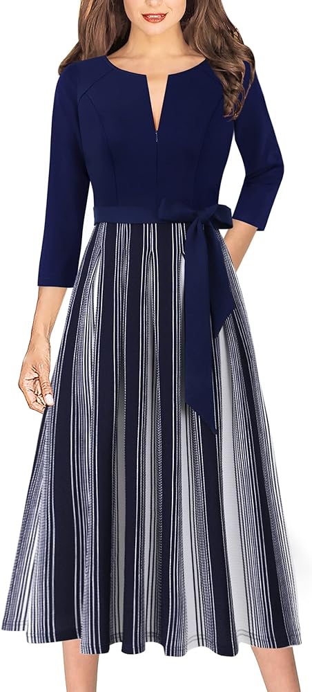 VFSHOW Womens Front Zipper Belted Patchwork Work Business Cocktail Party Casual A-Line Dress