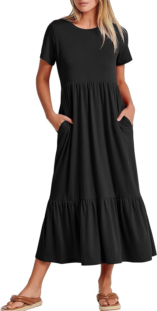 Women's Summer Casual Short Sleeve Crewneck Swing Dress Flowy Tiered Maxi Beach Dress with Pockets