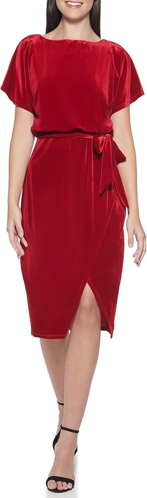 kensie Women's Tie Waiste Stretch Velvet Blouson Dress