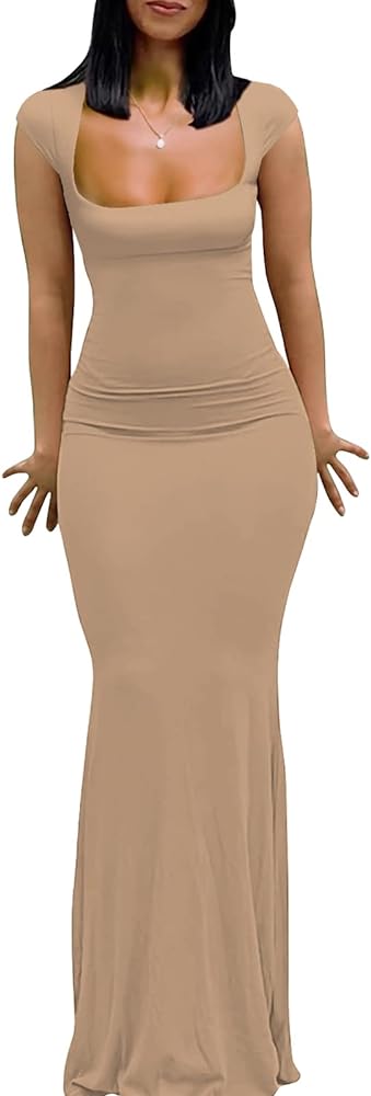 Womens Summer Cap Sleeve Square Neck Elegant Casual Lounge Bodycon Slim Maxi Evening Party Long Dress