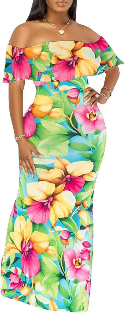 Women's Sexy Off Shoulder Maxi Dress Hawaiian Floral Evening Gown Long Dress