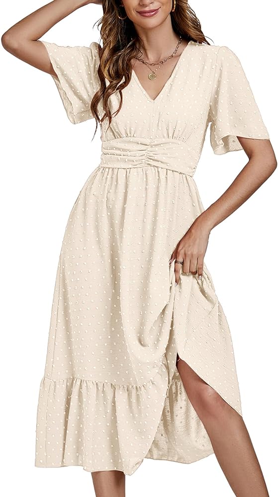 LYANER Women Boho Maxi Dress Long Sleeve V Neck Swiss Dot High Waited A-Line Ruffle Tiered Chiffon Long Dresses