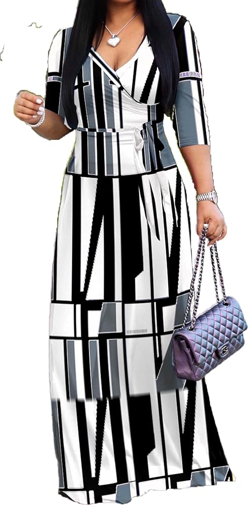 Women's V Neck 3/4 Sleeve Plus Size Long Maxi Dress with Belt