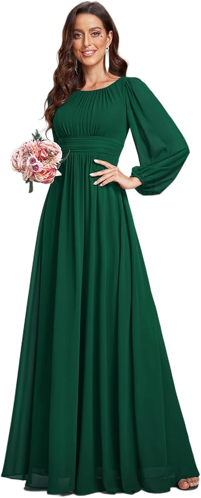 Ever-Pretty Women's Crewneck Lantern Sleeves A-Line Pleated Chiffon Maxi Formal Dress 0106B