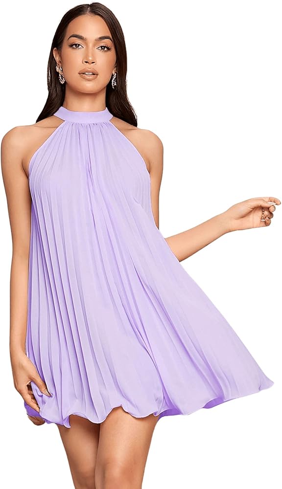 SweatyRocks Women's Casual Sleeveless Tie Back Halter Dress Mini Swing Pleated A-line Loose Dress