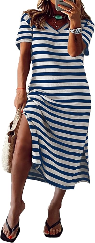 Eytino Womens Plus Size Maxi Dress V Neck Short Sleeve Striped Side Slit Dresses (1X-5X)