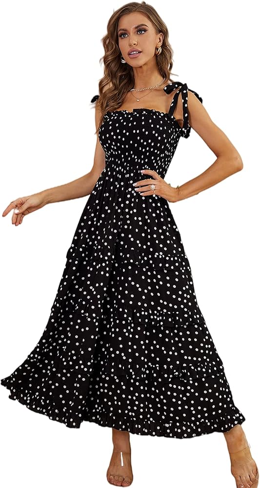 R.Vivimos Women's Summer Straps Cotton Irregular Polka Dot Ruffles Midi Dress