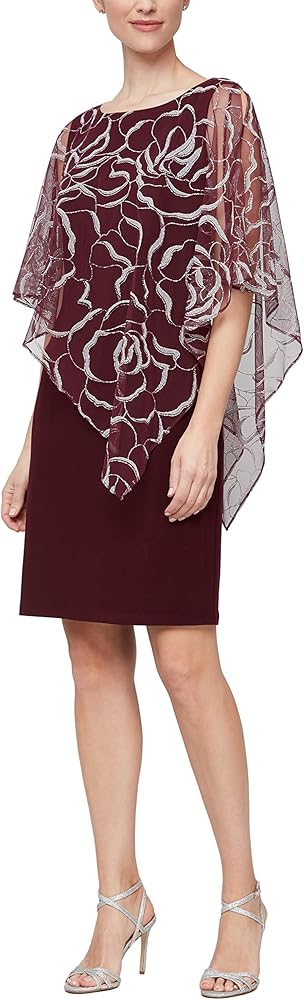 S.L. Fashions Women's Short Floral Shimmer Overlay Cape Dress