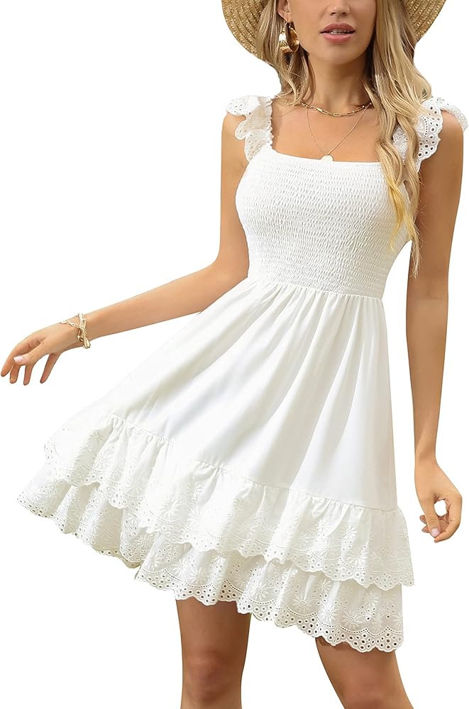 Kate Kasin Women's Summer Ruffle Strap Sleeveless Square Neck Smocked Back A Line Tiered Swing Mini Dress Vacation Beachwear