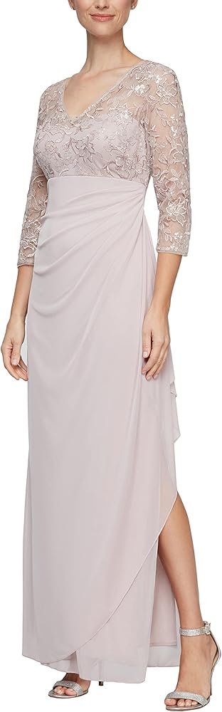 Alex Evenings Women's Petite Long Lace Top Empire Waist Dress, Faded Rose, 8P