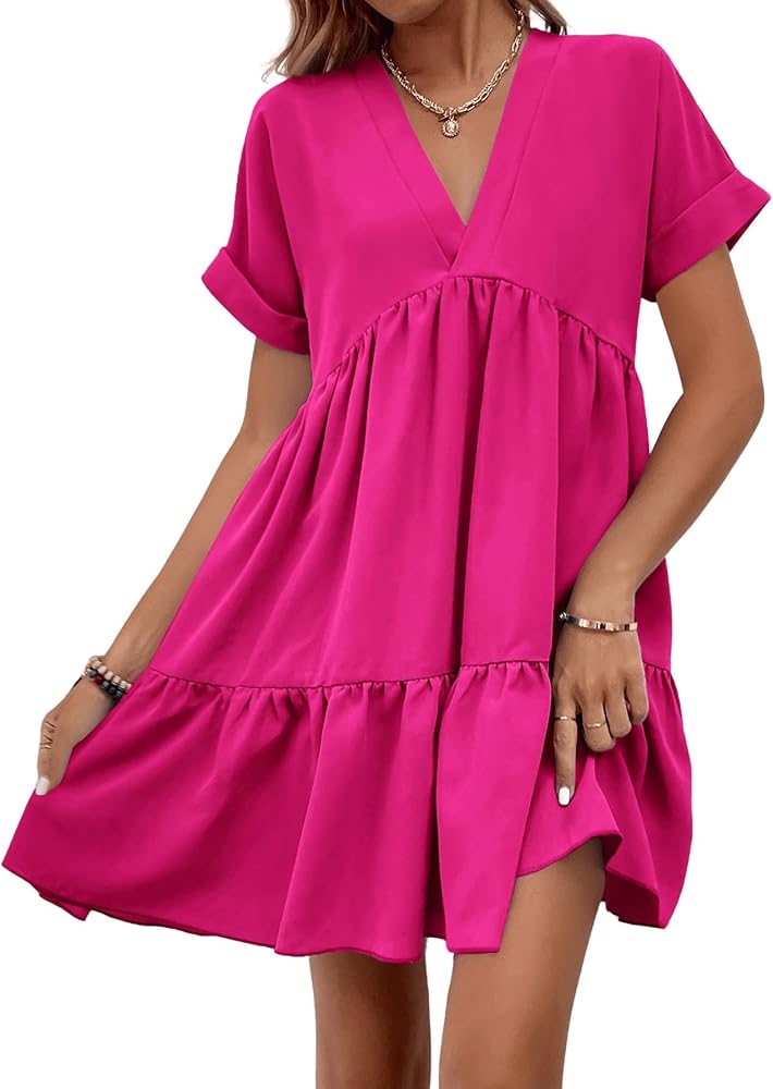 WDIRARA Women's Roll Up Short Sleeve V Neck Ruffle Hem Solid Swing Smock Dress