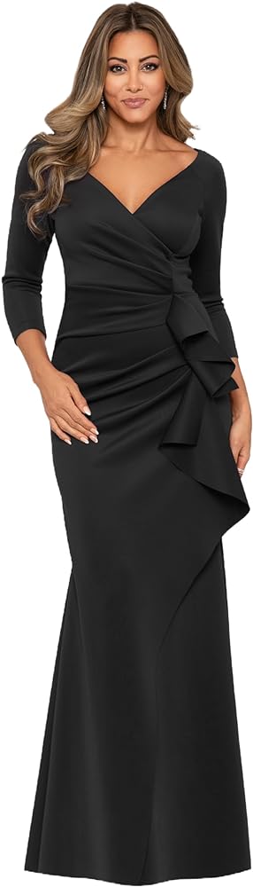 Xscape Women's Long 3/4 Sleeve V-Neck Side Ruched Gown (Reg and Petite)