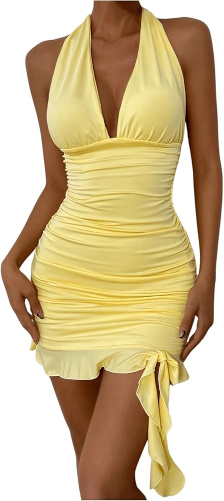 Floerns Women's Sleeveless Halter Neck Tie Back Ruffle Hem Party Mini Dress