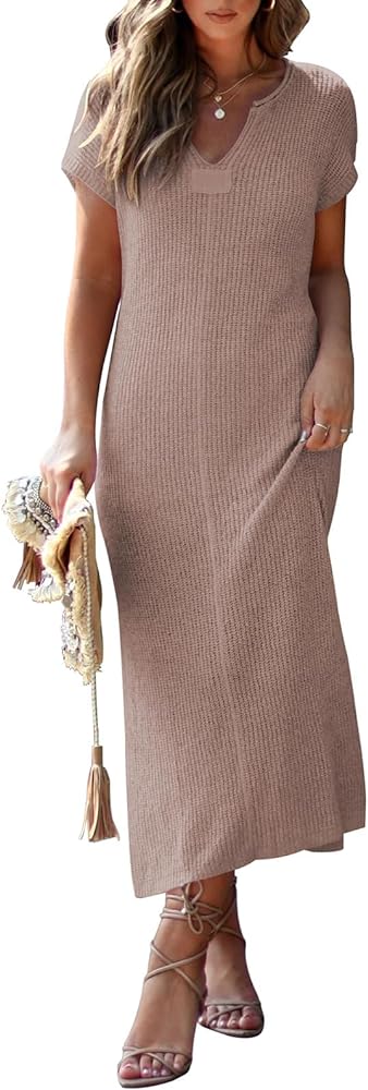 Pink Queen Women's Casual V Neck Short Sleeve Loose Side Slit Ribbed Knit Midi Dress