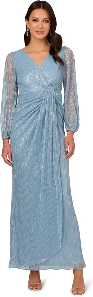 Adrianna Papell Women's Metallic MESH Draped Gown, Belize Blue