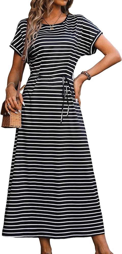 Floerns Women's Striped Print Short Sleeve Tie Front Tee Shirt A Line Dress