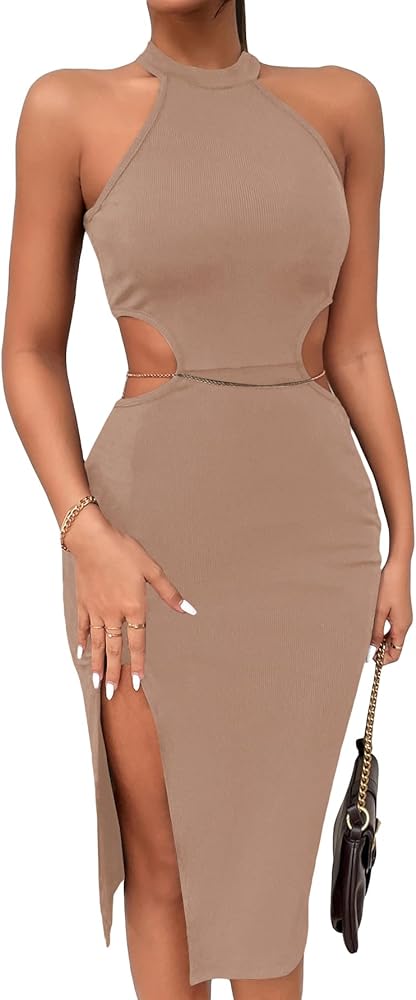 SweatyRocks Women's Sleeveless Cut Out Split Thigh Halter Bodycon Midi Dress